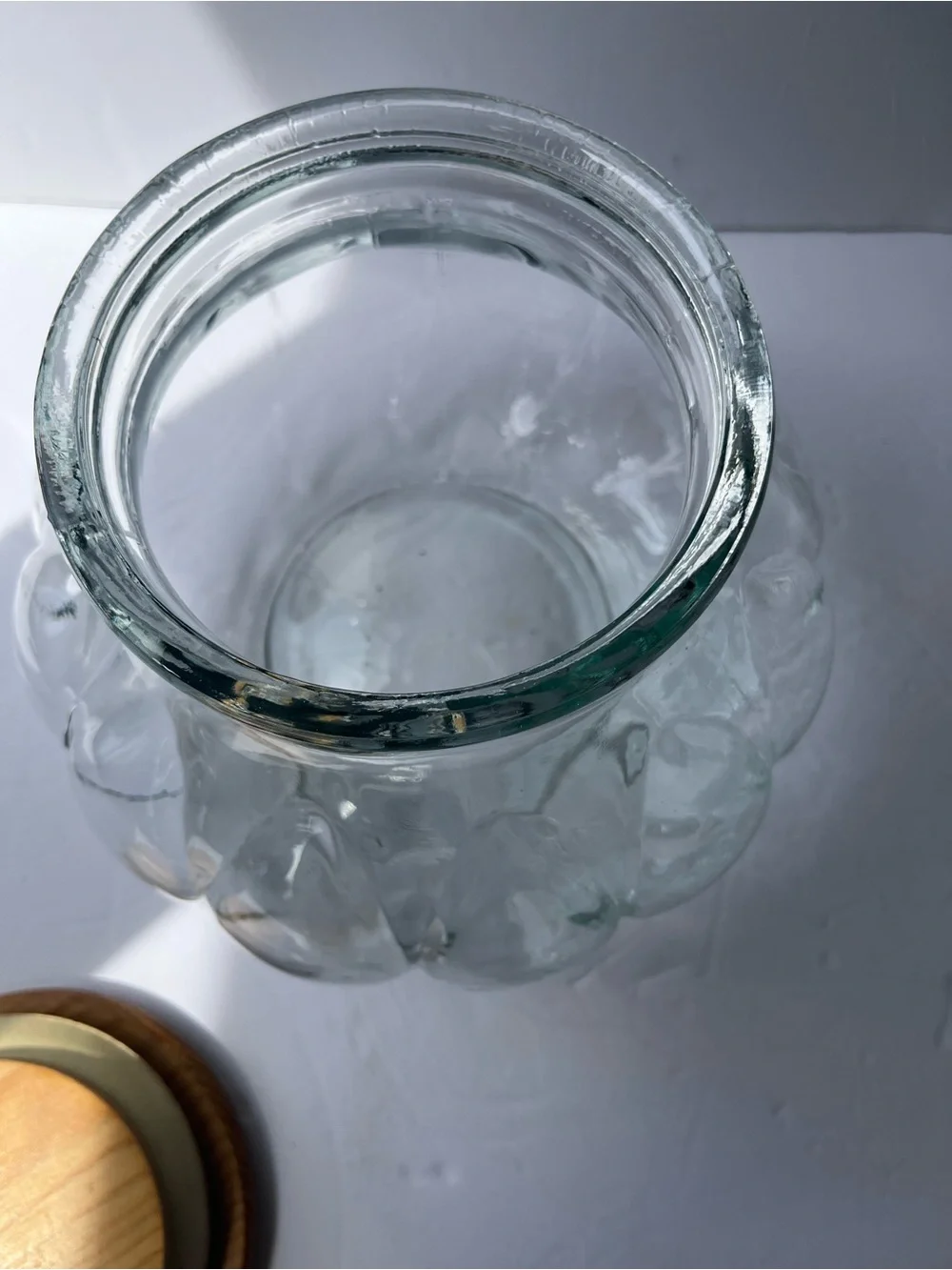 Vintage Pumpkin Potbelly Glass Apothecary Jar. Wood Lid. Canister 7.75